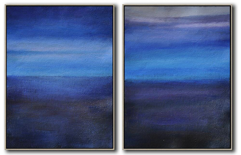 Extra Large Acrylic Painting On Canvas,Set Of 2 Abstract Painting On Canvas,Modern Art Abstract Painting,Grey,Blue,Dark Blue,Black.etc
